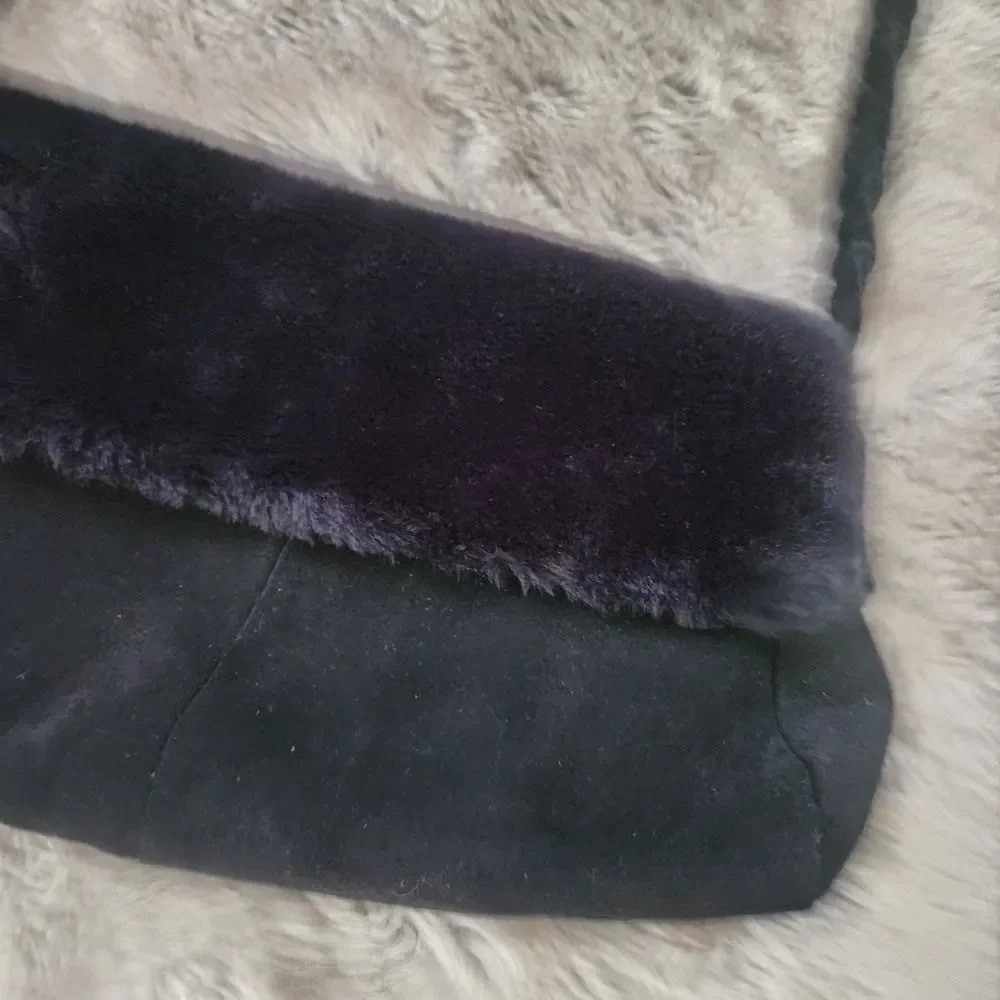 dennis basso Faux Fur Shearling Trim Suede Braided Strap Shoulder Bag Black‎